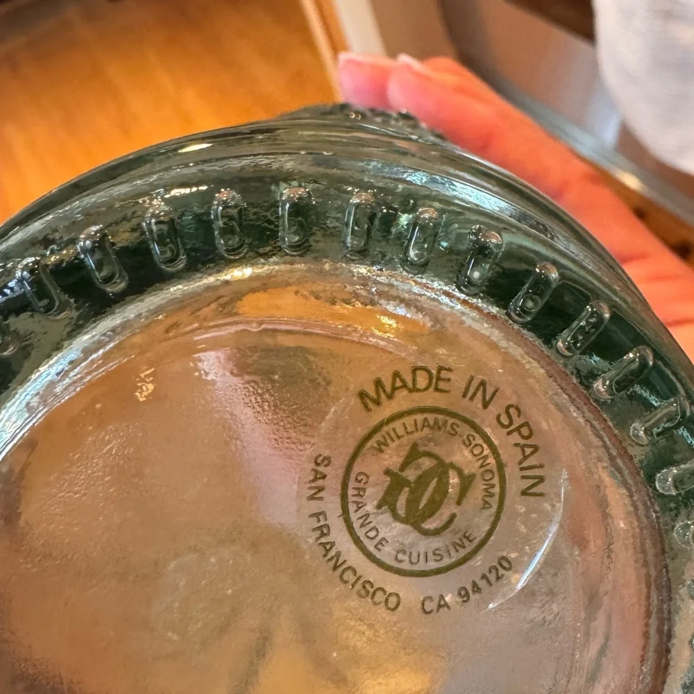 (2) Vintage Embossed Williams-Sonoma Spanish Blue/Green Glass Bottles